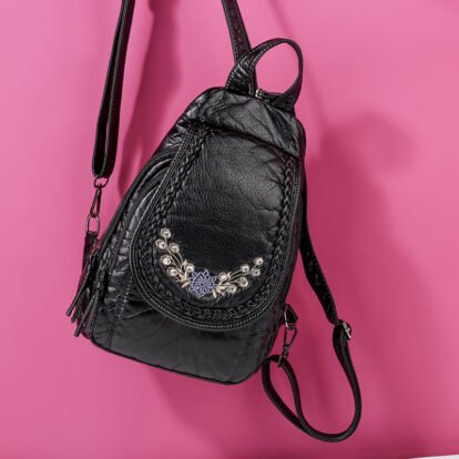 Sac A Dos En Cuir Simili Souple Noir Avec Motif